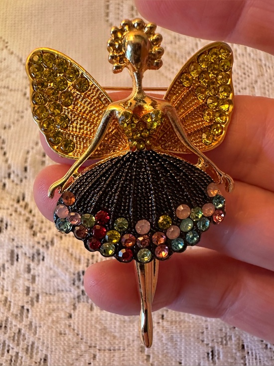 Jewelry - Gold Fairy Brooch/Pendent with Black Skirt and Multicolor Crystals. Moving legs.